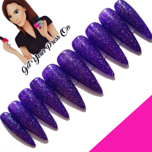 Purple Glitter Full Cover Nails - Hand Painted Press On Nails